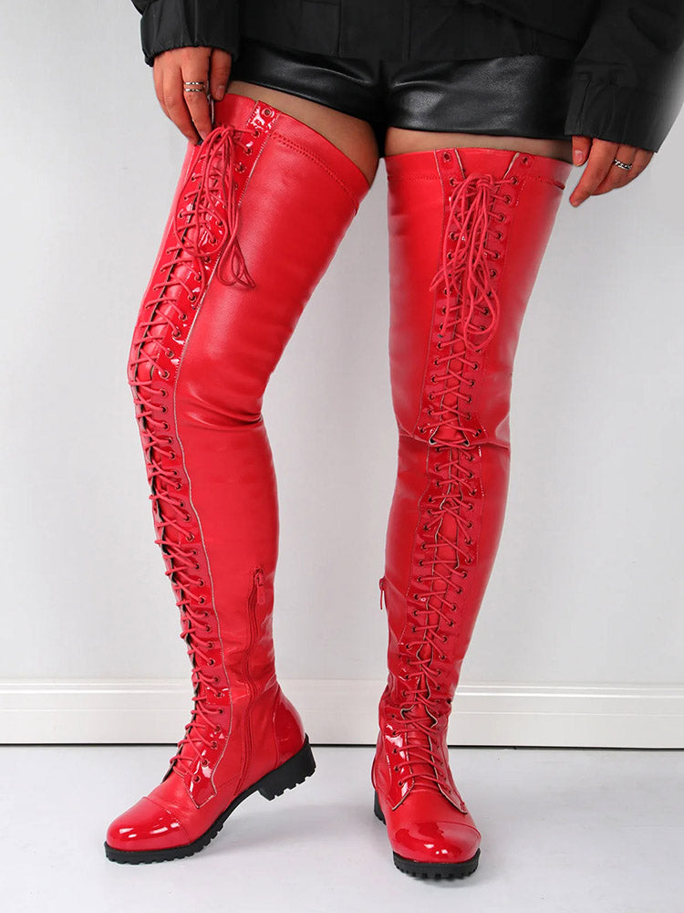 Lace Up PU Leather Boots Red / 6