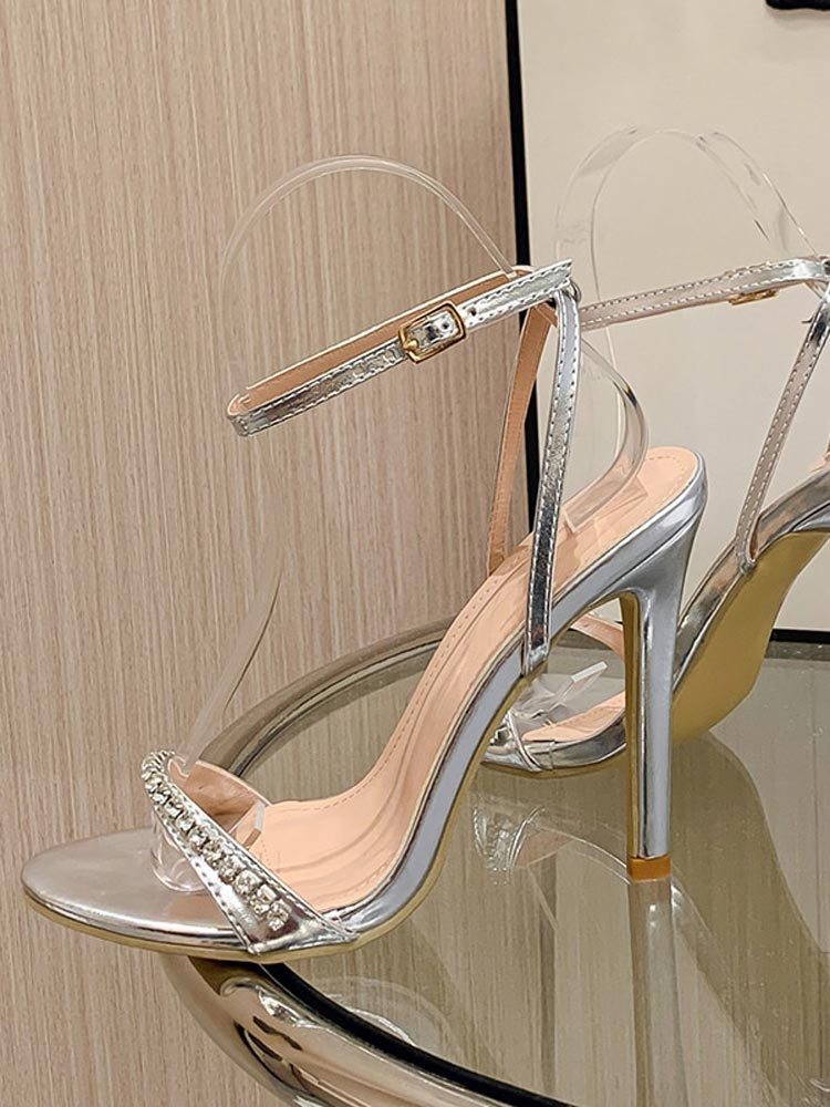 Rhinestone Ankle Strap Heels Silver / 8.5