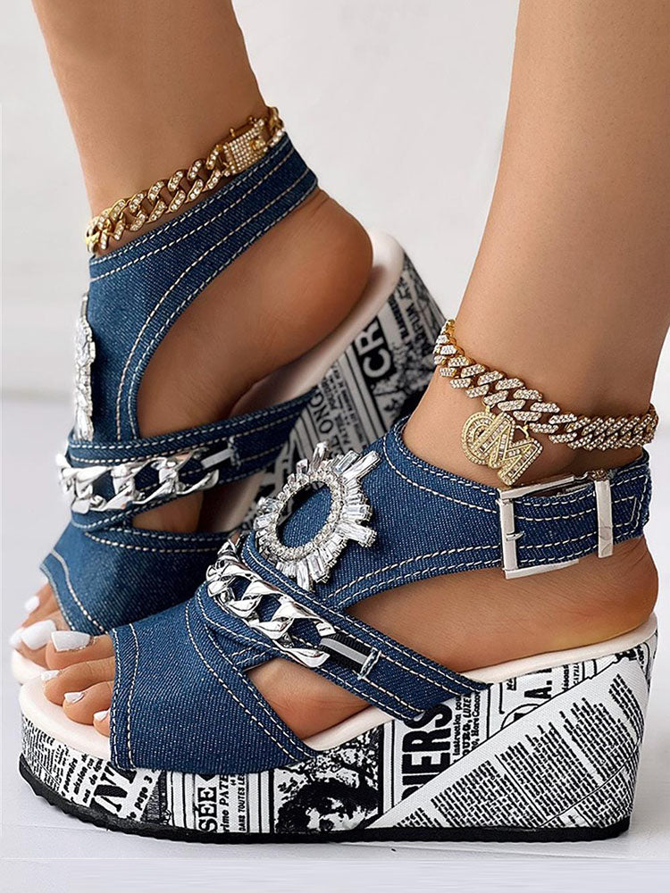 Denim Wedge Sandals Blue / 6.5/7