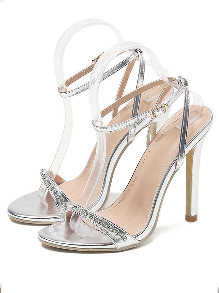 Rhinestone Ankle Strap Heels Silver / 6