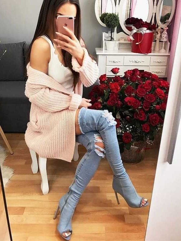 Peep Toe Over The Knee Denim Boots Sky Blue / 7.5/8