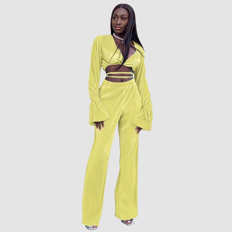 V-Neck Tie Up Top & Pleated Wide Leg Pant Set Yellow / M