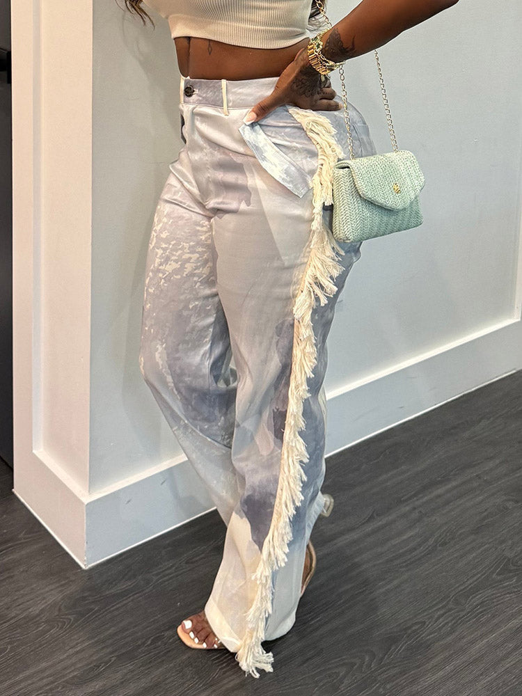 Watercolor Palette Fringe Pants Green / L