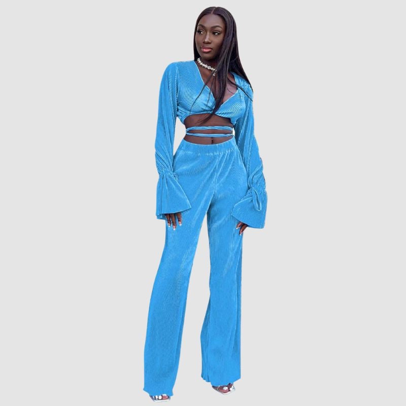 V-Neck Tie Up Top & Pleated Wide Leg Pant Set White / M