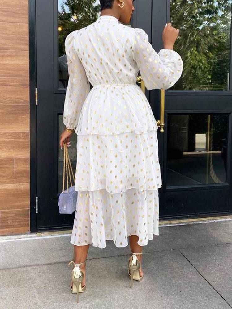 Women's Elegant Polka Dot Ruffle Dress White / L