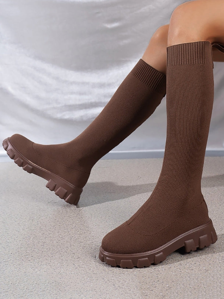 Knitted Flat Heel Sock Boots Brown / 8.5