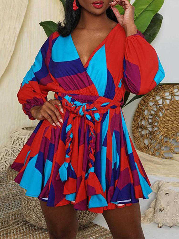 Women's Tie Dye With Belt V Neck Dress Orange / 5XL