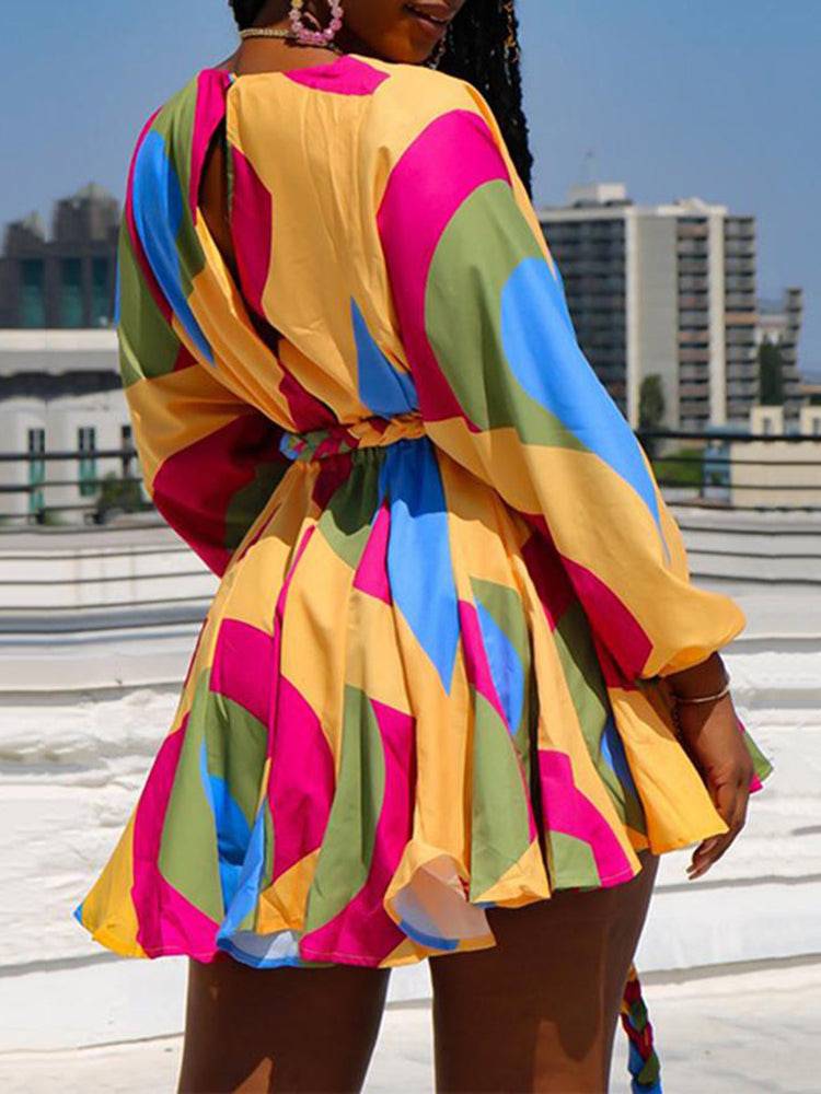 Women's Tie Dye With Belt V Neck Dress Orange / S