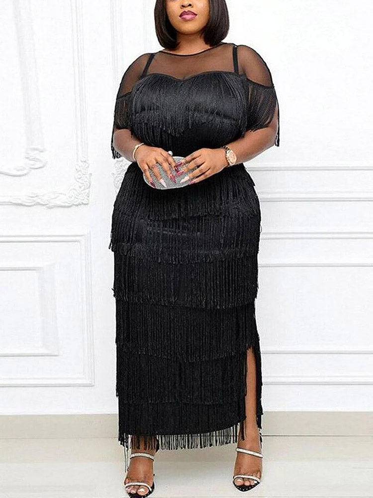 Mesh Tassel Party Dress Black / 2XL