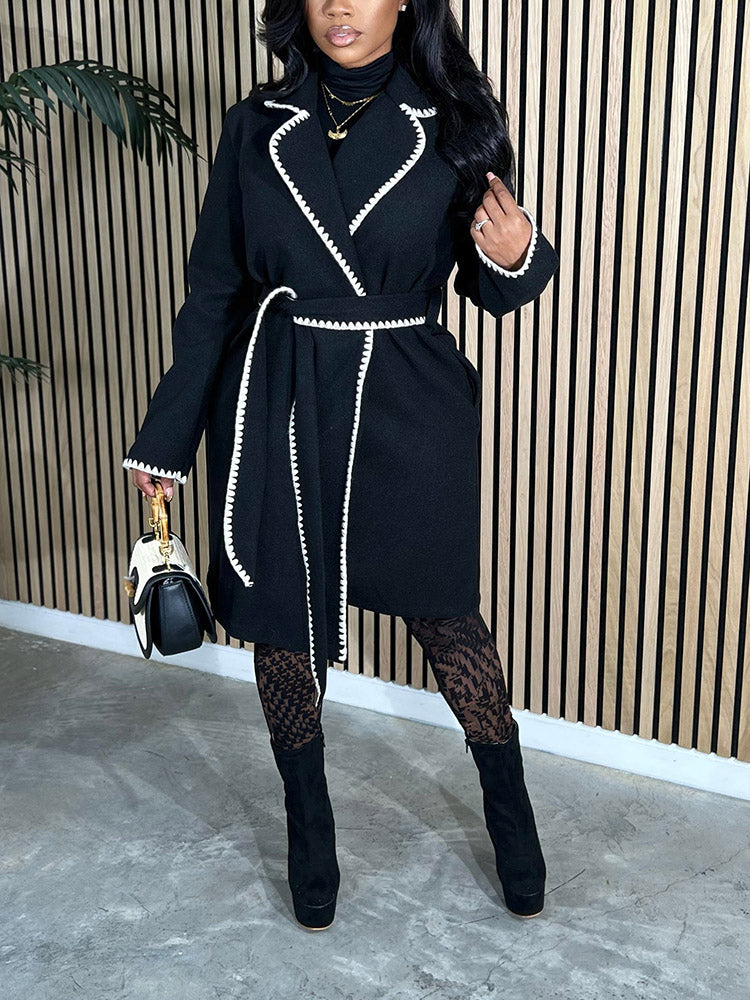 Contrast Lapel Neck Belted Coat Camel / M