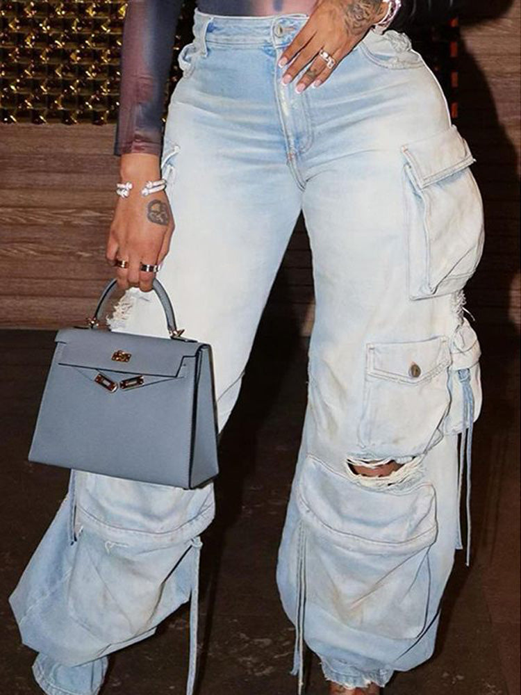 Ripped Pockets Cargo Jeans Light Blue / XL