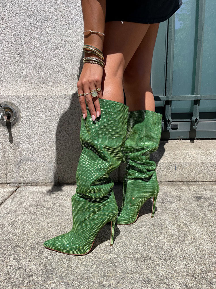 Crystal-Embellished Suede Boots Green / 8.5