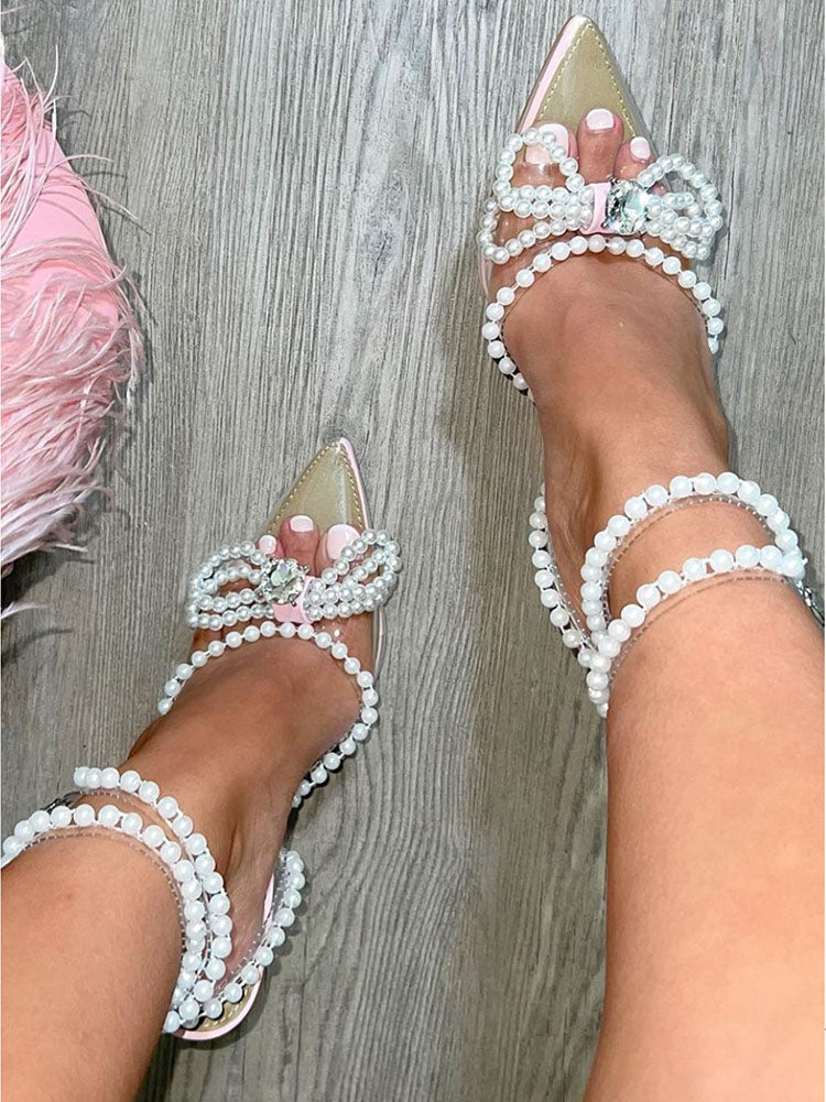 Pearl Bow Pointed Toe Heel Sandals Pink / 7.5/8