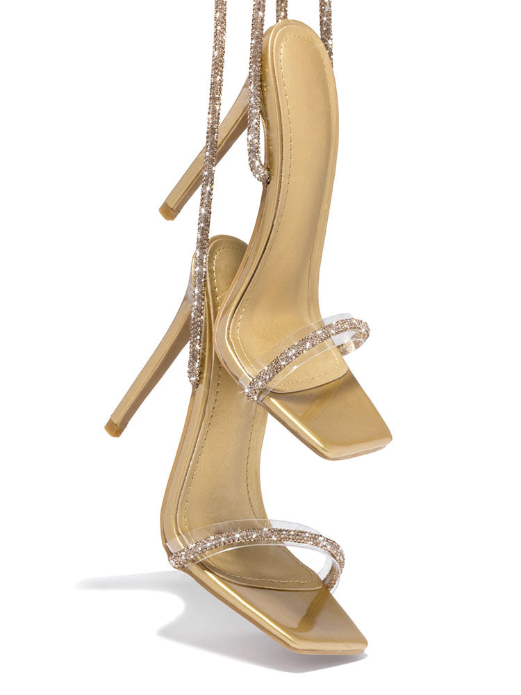 Rhinestone Ankle-Wrap High Heel Sandals Gold / 7.5/8