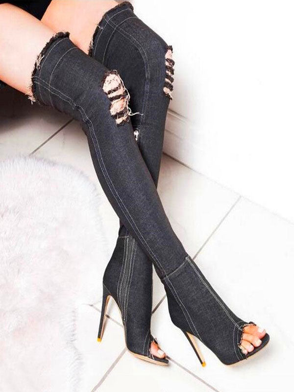 Peep Toe Over The Knee Denim Boots Black / 6