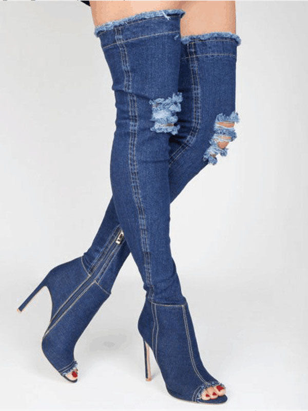 Peep Toe Over The Knee Denim Boots Blue / 6