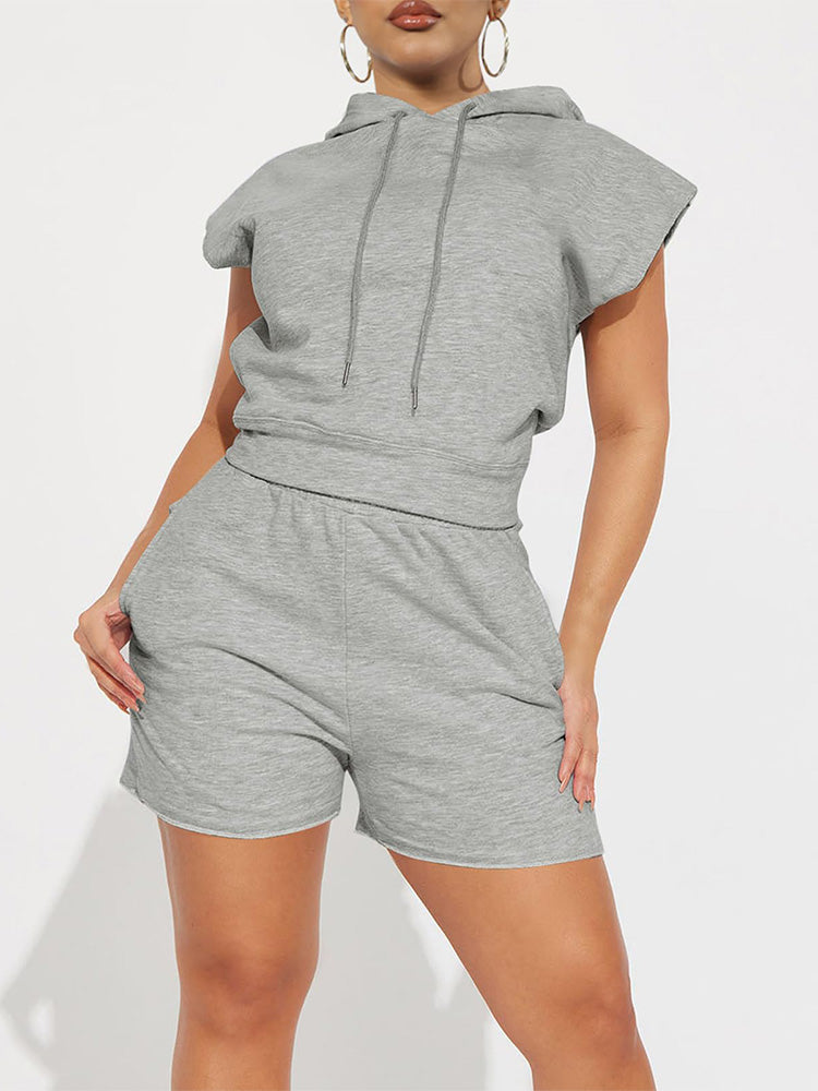 Hoodie Top & High Waist Shorts Gray / M
