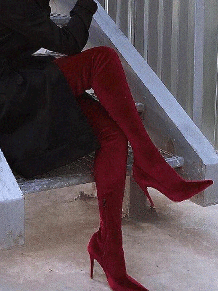 Velvet Pointed Toe High Heels Boots Red / 6.5/7