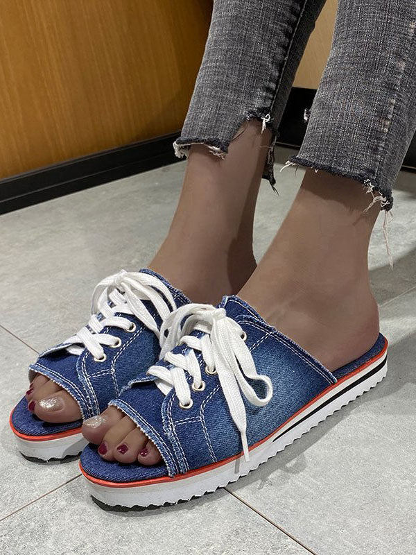 Lace Up Denim Flat Slippers Dark Blue / 4/4.5