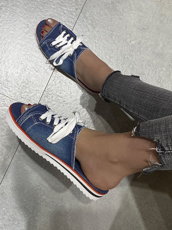 Lace Up Denim Flat Slippers Light Blue / 10.5/11