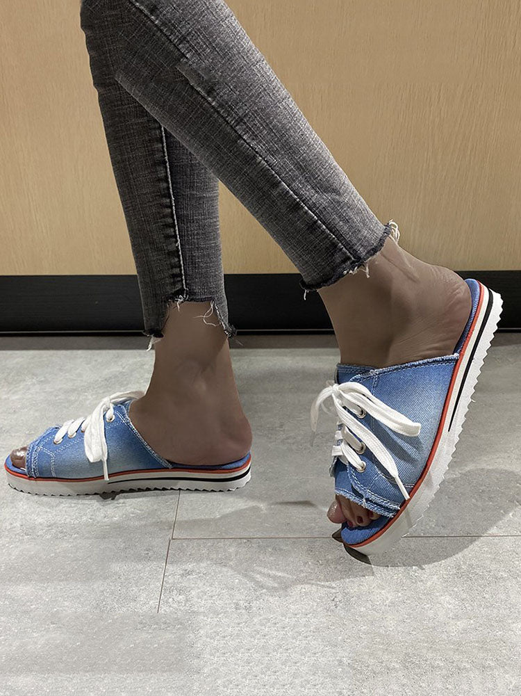 Lace Up Denim Flat Slippers Light Blue / 6