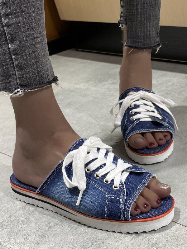 Lace Up Denim Flat Slippers Light Blue / 10