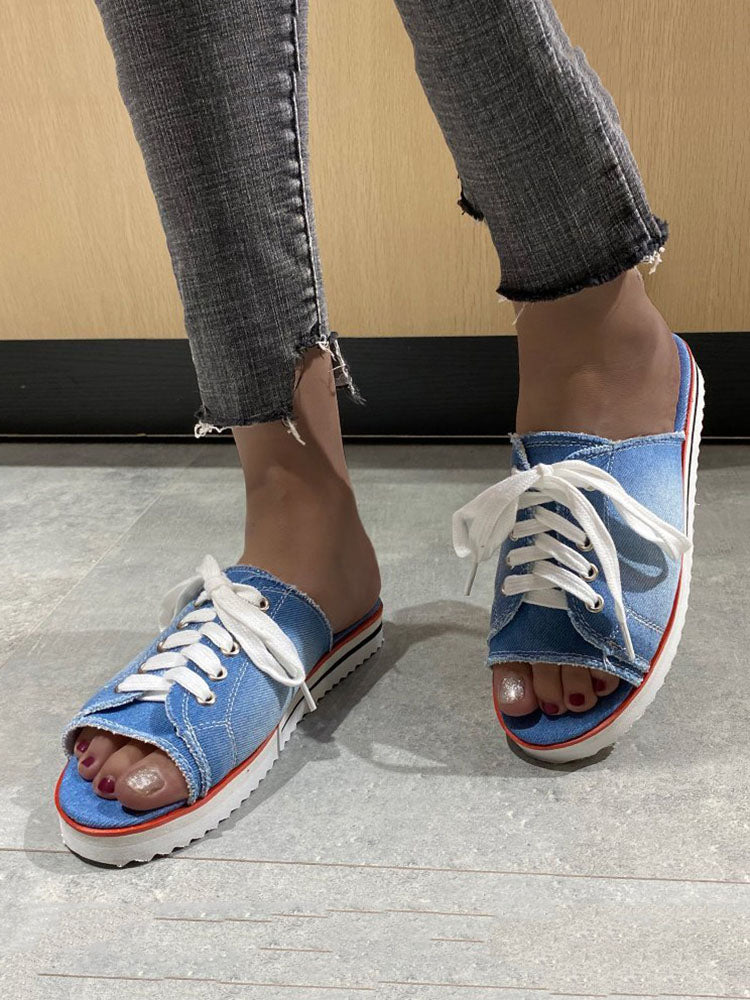 Lace Up Denim Flat Slippers Light Blue / 6.5/7