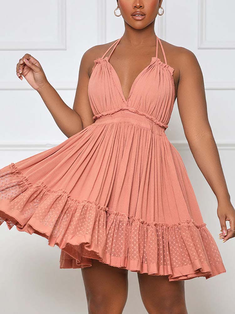 Women's Halter Backless Ruffle Dress Pink / L