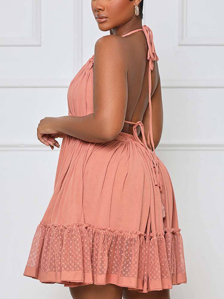 Women's Halter Backless Ruffle Dress Pink / XL