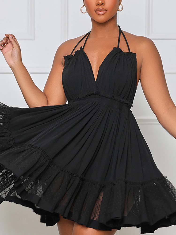 Women's Halter Backless Ruffle Dress Fuchsia / M