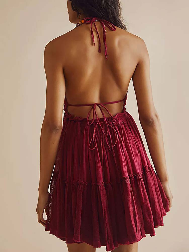 Women's Halter Backless Ruffle Dress Apricot / L