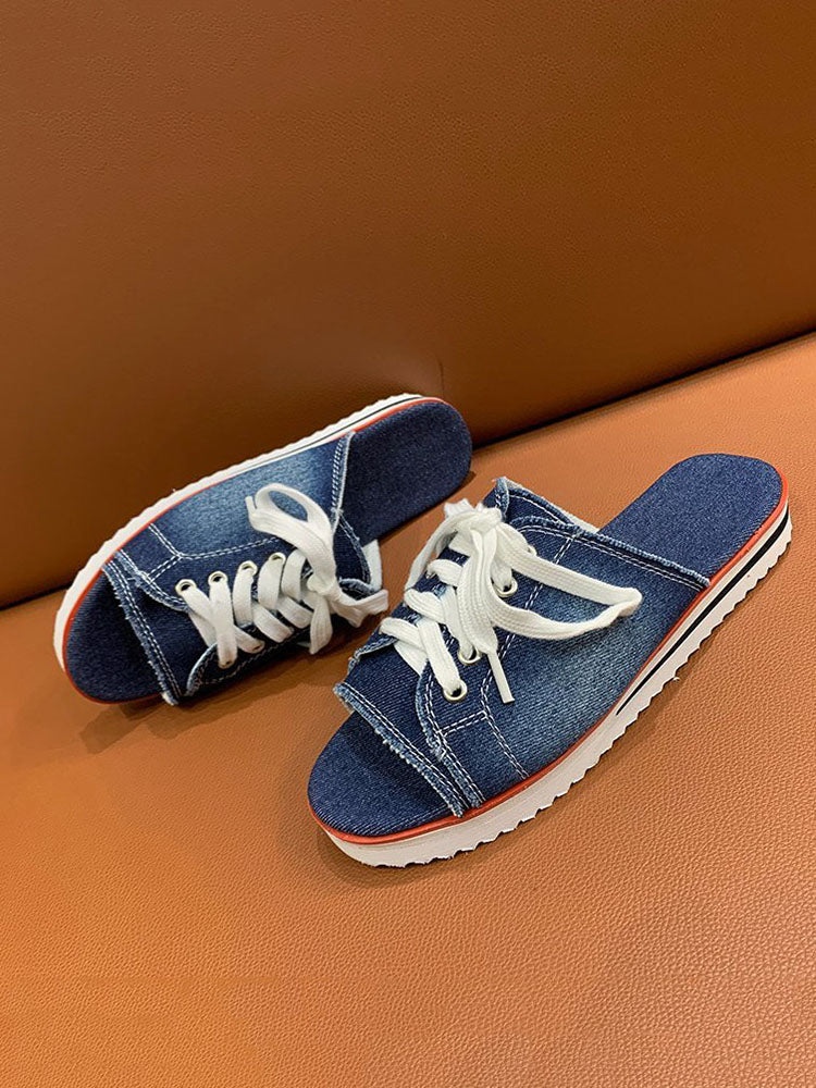 Lace Up Denim Flat Slippers Dark Blue / 6