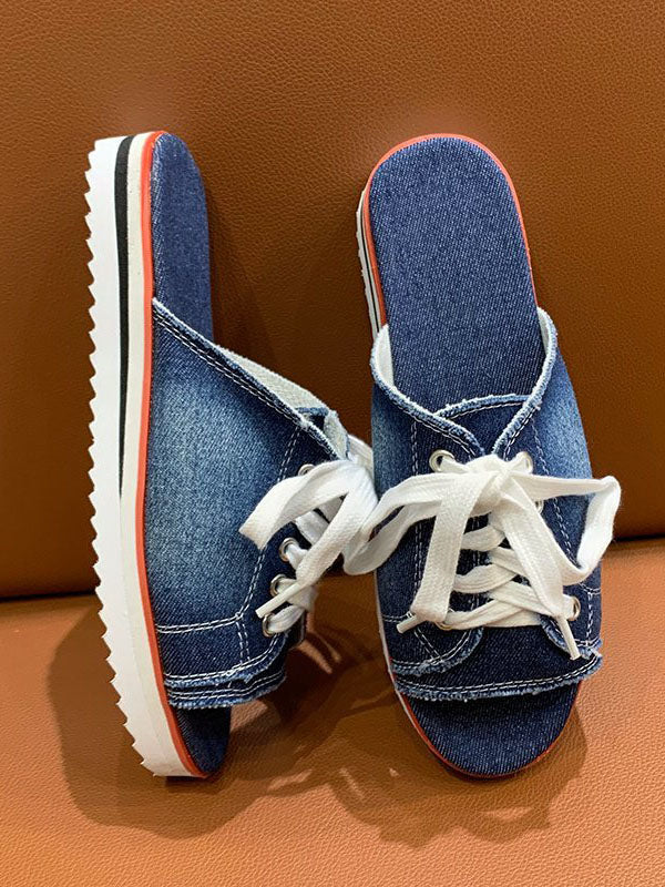 Lace Up Denim Flat Slippers Dark Blue / 5/5.5
