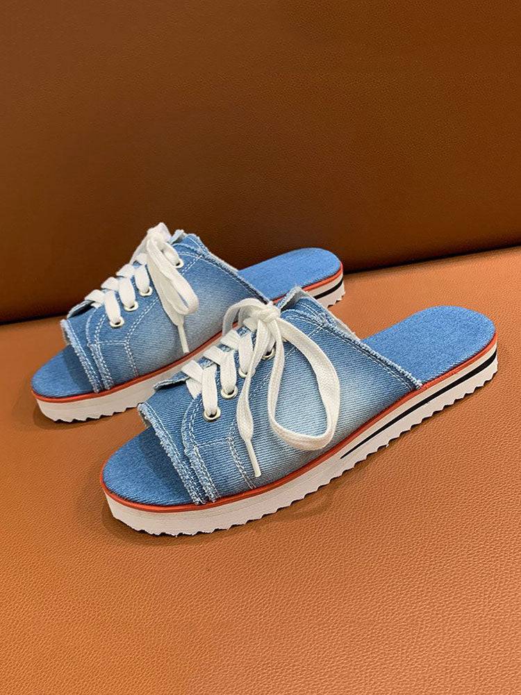 Lace Up Denim Flat Slippers Light Blue / 8.5