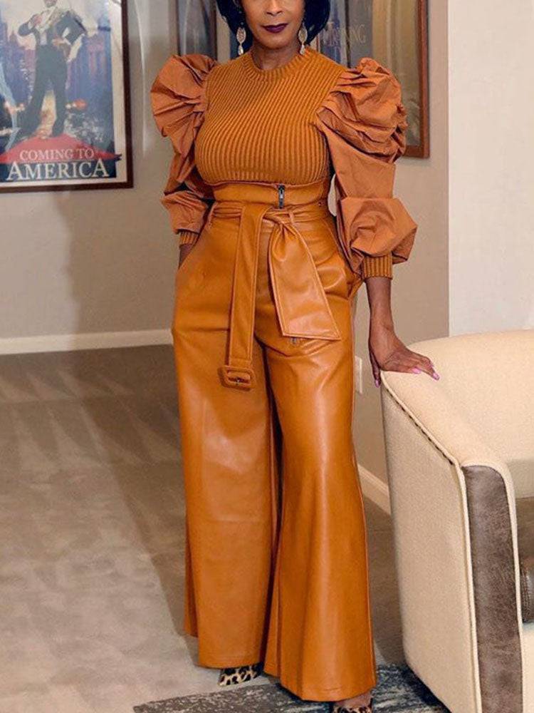 High Waist Wide Leg PU Leather Pants Black / 3XL