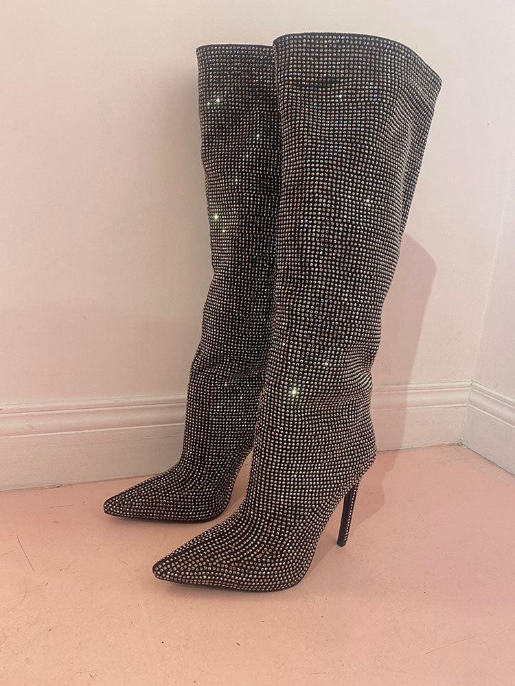 Crystal-Embellished Suede Boots Black / 10.5/11