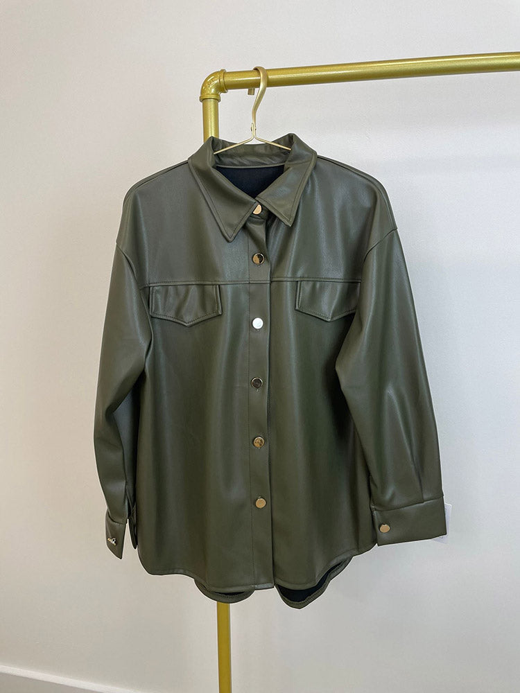 Leather Button Jacket Green / L