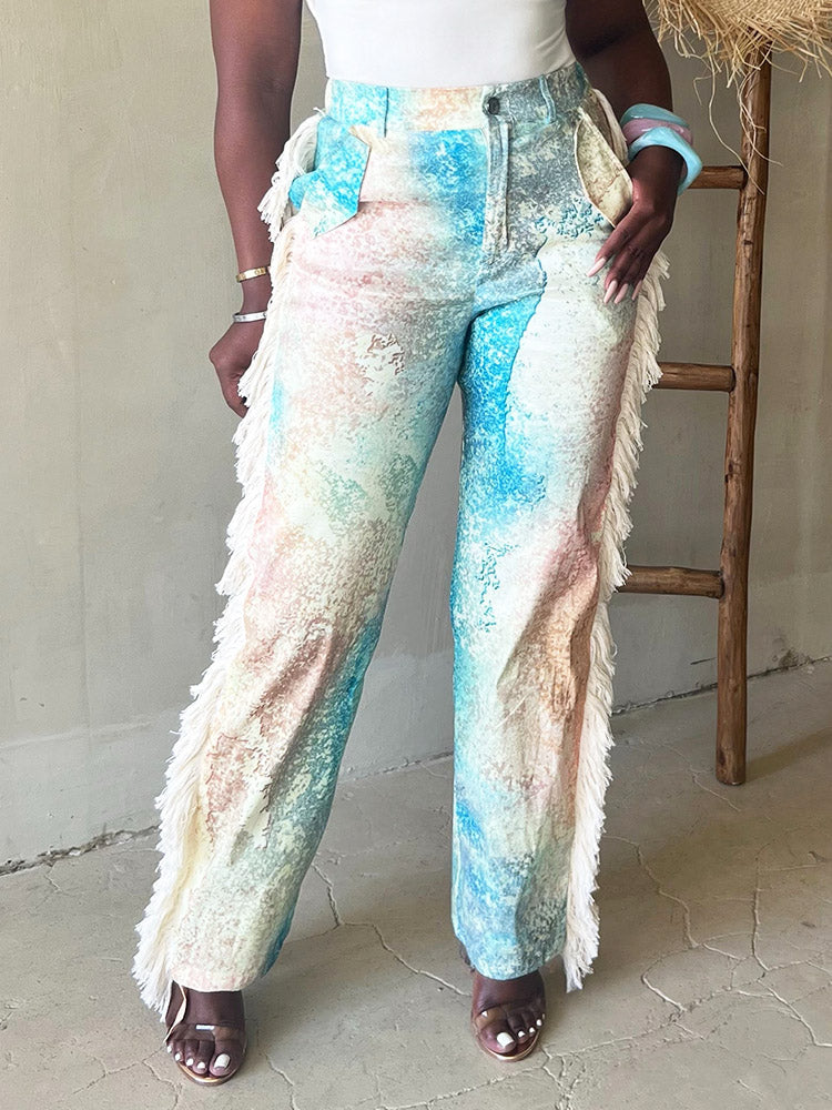 Watercolor Palette Fringe Pants Light Blue / L