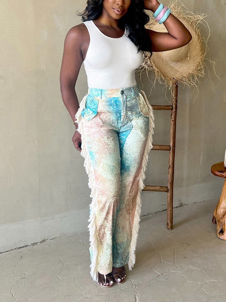Watercolor Palette Fringe Pants Light Blue / M