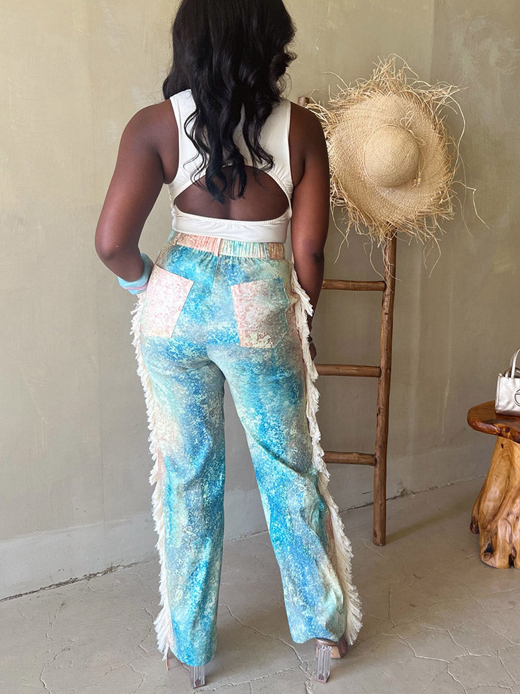 Watercolor Palette Fringe Pants Light Blue / XL