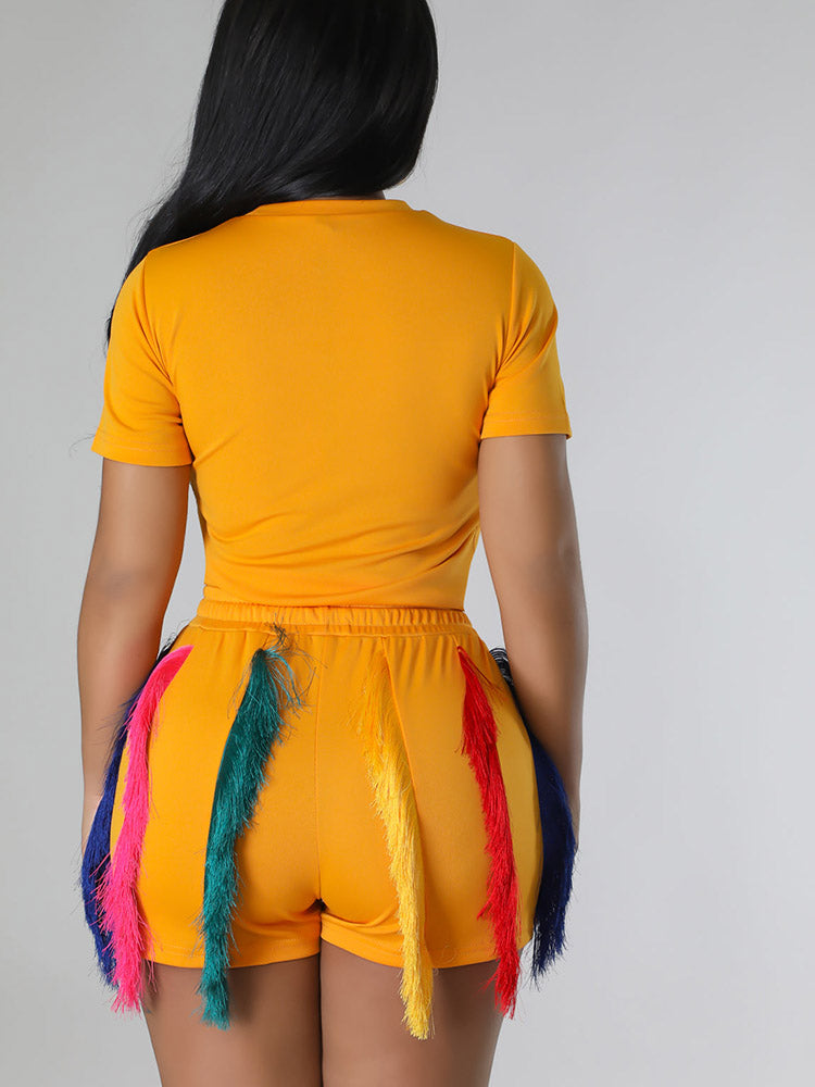 Colorful Fringe Shorts Set Yellow / L