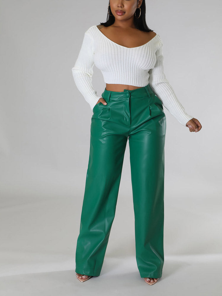 Wide-Leg PU Leather Pants Brown / S