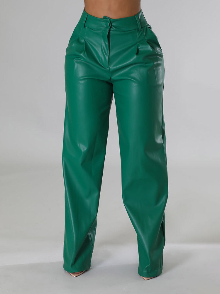 Wide-Leg PU Leather Pants Green / 2XL