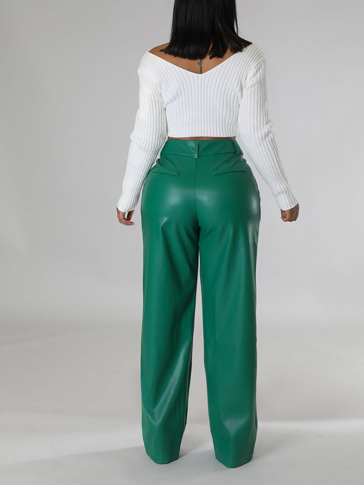 Wide-Leg PU Leather Pants Brown / M