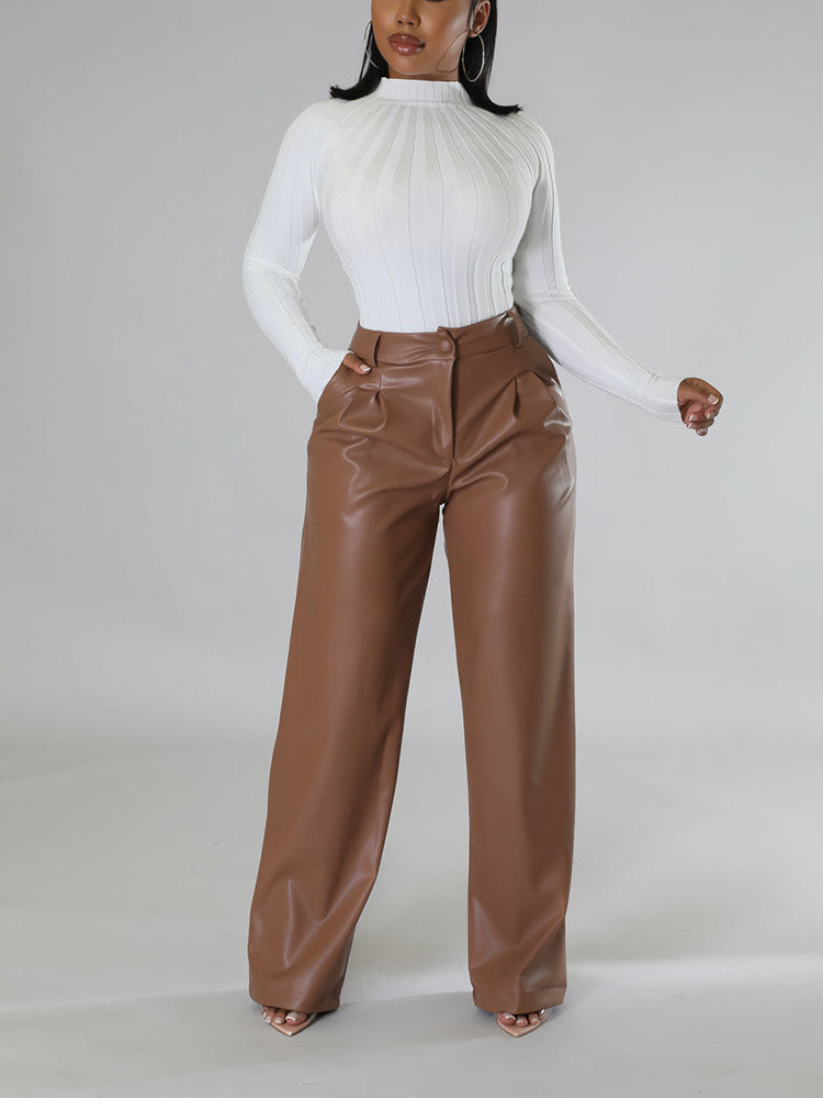 Wide-Leg PU Leather Pants Brown / L