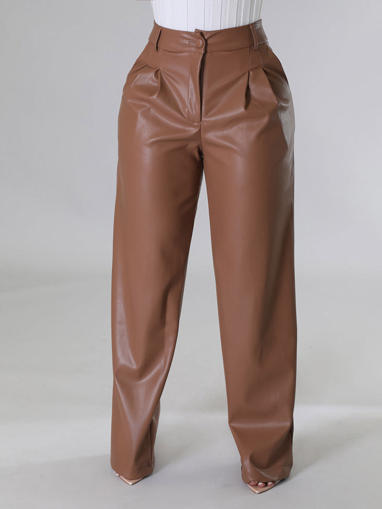 Wide-Leg PU Leather Pants Brown / XL