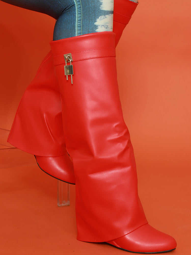 Lock & Key Leather Wedge Heel Boots Red / 8.5