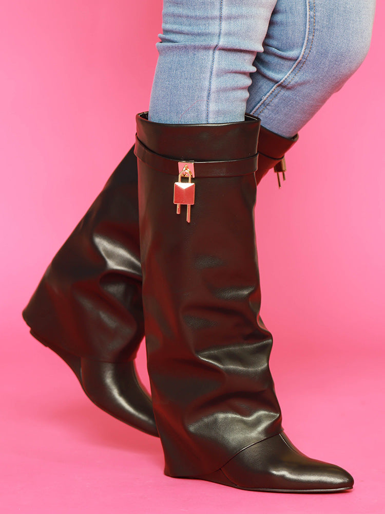 Lock & Key Leather Wedge Heel Boots Black / 9/9.5