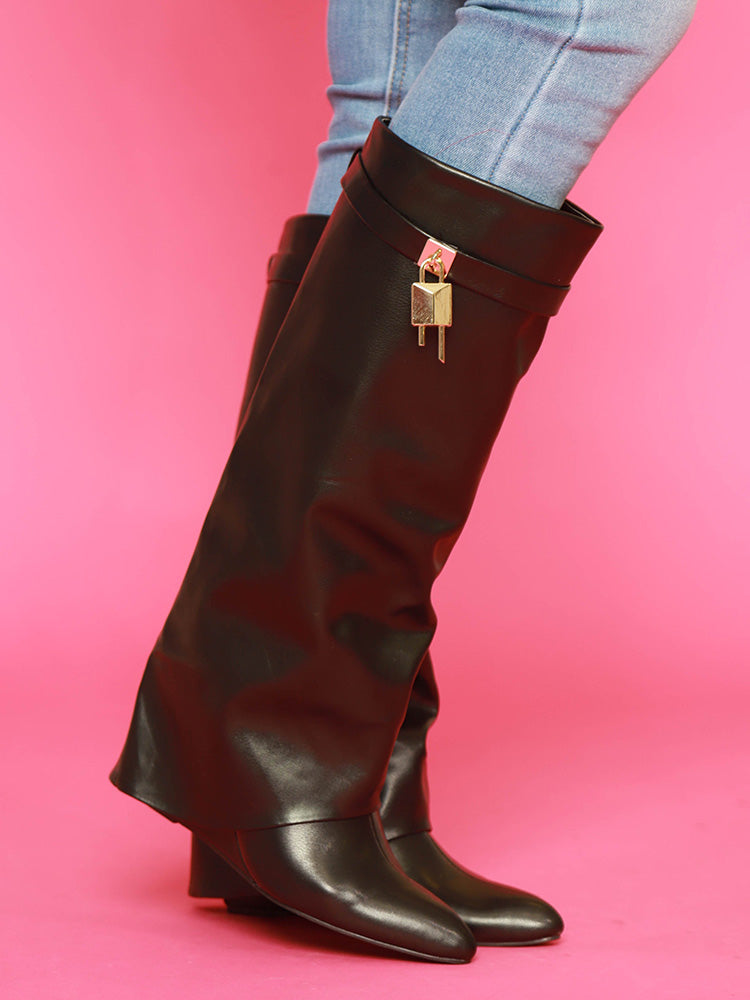 Lock & Key Leather Wedge Heel Boots Black / 10