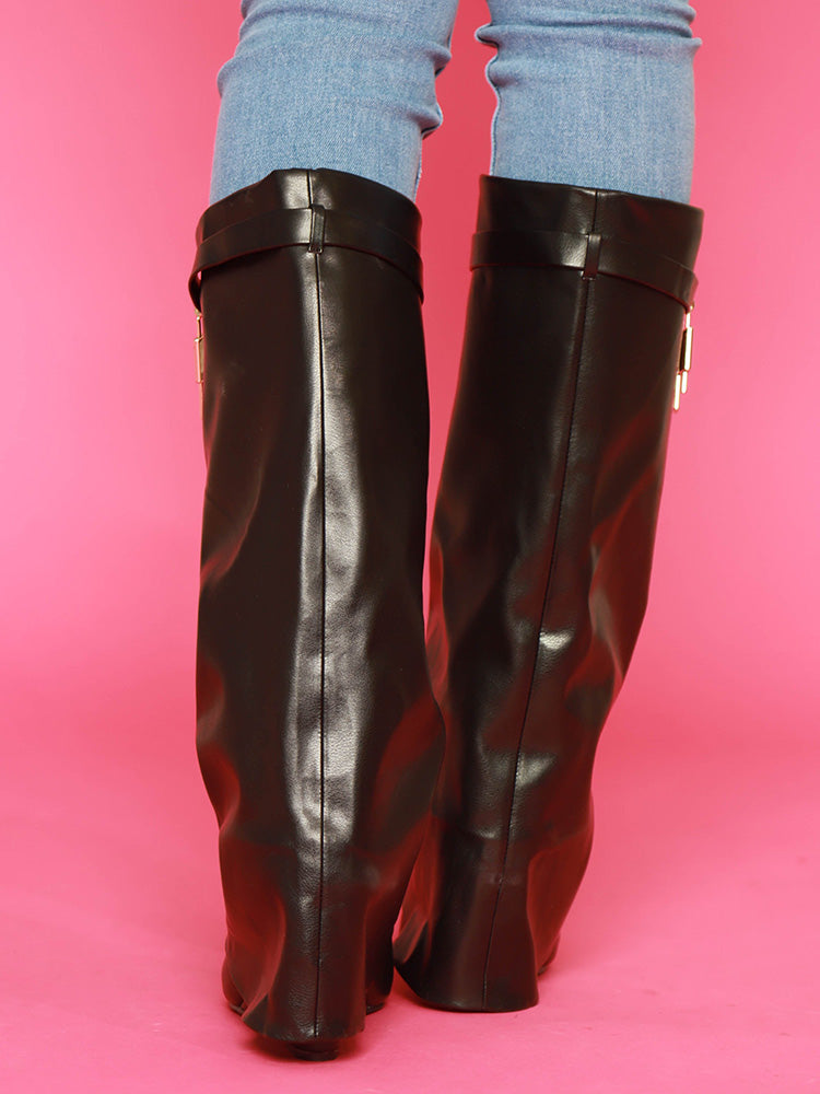 Lock & Key Leather Wedge Heel Boots Black / 10.5/11